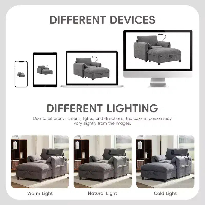Fauteuil et chaise longue individuels en chenille surdimensionnés Whisen avec pouf de rangement, support de téléphone réglable, ports de chargement, poches latérales