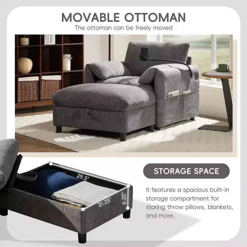 Fauteuil et chaise longue individuels en chenille surdimensionnés Whisen avec pouf de rangement, support de téléphone réglable, ports de chargement, poches latérales