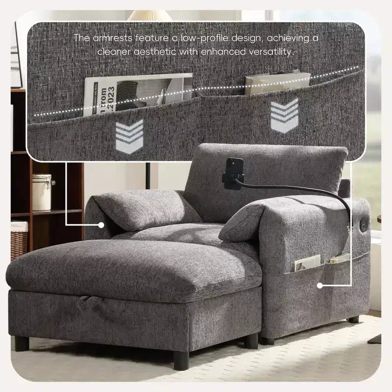 Fauteuil et chaise longue individuels en chenille surdimensionnés Whisen avec pouf de rangement, support de téléphone réglable, ports de chargement, poches latérales