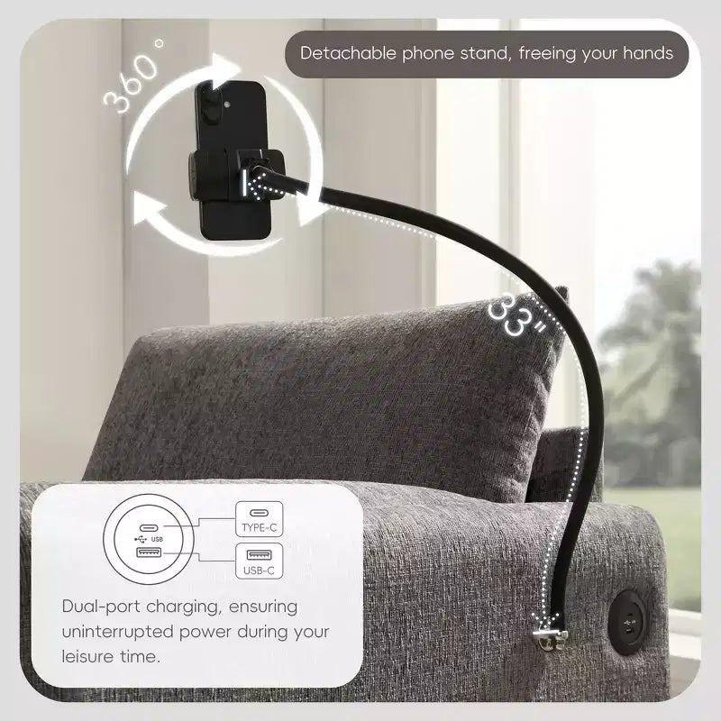 Fauteuil et chaise longue individuels en chenille surdimensionnés Whisen avec pouf de rangement, support de téléphone réglable, ports de chargement, poches latérales