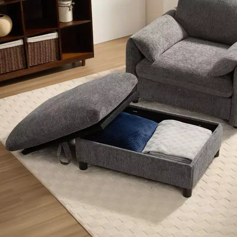 Fauteuil et chaise longue individuels en chenille surdimensionnés Whisen avec pouf de rangement, support de téléphone réglable, ports de chargement, poches latérales