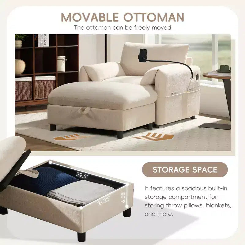Fauteuil et chaise longue individuels en chenille surdimensionnés Whisen avec pouf de rangement, support de téléphone réglable, ports de chargement, poches latérales