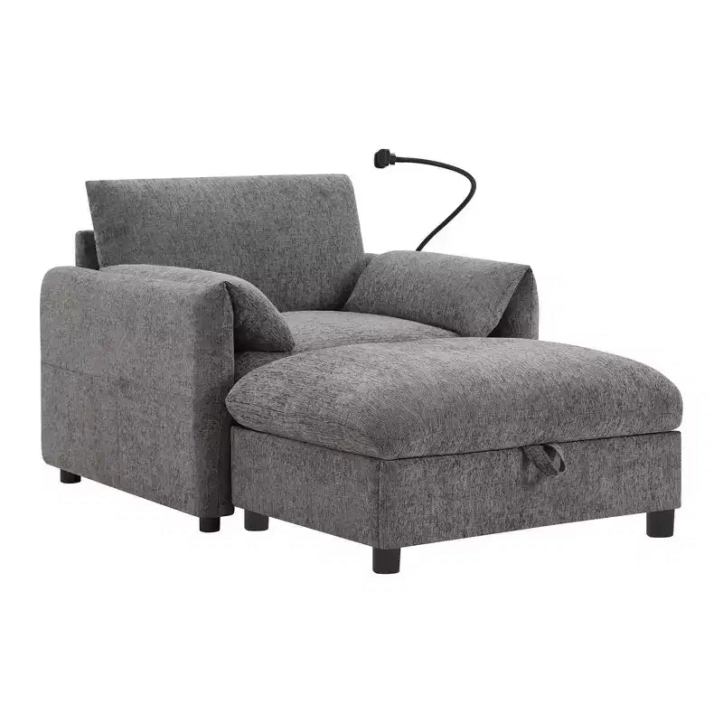 Fauteuil et chaise longue individuels en chenille surdimensionnés Whisen avec pouf de rangement, support de téléphone réglable, ports de chargement, poches latérales
