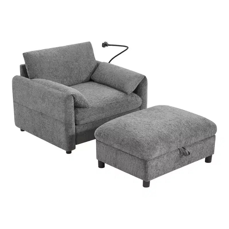 Fauteuil et chaise longue individuels en chenille surdimensionnés Whisen avec pouf de rangement, support de téléphone réglable, ports de chargement, poches latérales