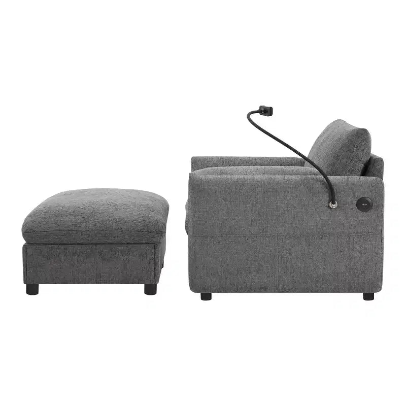 Fauteuil et chaise longue individuels en chenille surdimensionnés Whisen avec pouf de rangement, support de téléphone réglable, ports de chargement, poches latérales