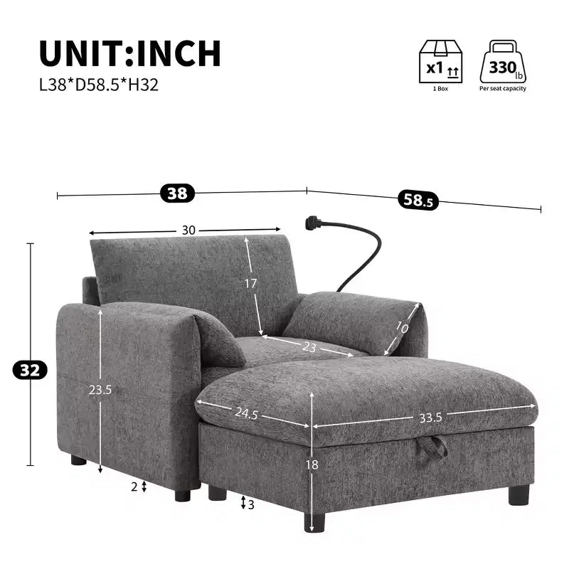 Fauteuil et chaise longue individuels en chenille surdimensionnés Whisen avec pouf de rangement, support de téléphone réglable, ports de chargement, poches latérales