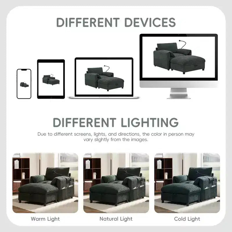 Fauteuil et chaise longue individuels en chenille surdimensionnés Whisen avec pouf de rangement, support de téléphone réglable, ports de chargement, poches latérales