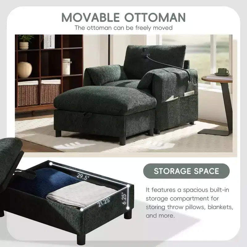 Fauteuil et chaise longue individuels en chenille surdimensionnés Whisen avec pouf de rangement, support de téléphone réglable, ports de chargement, poches latérales
