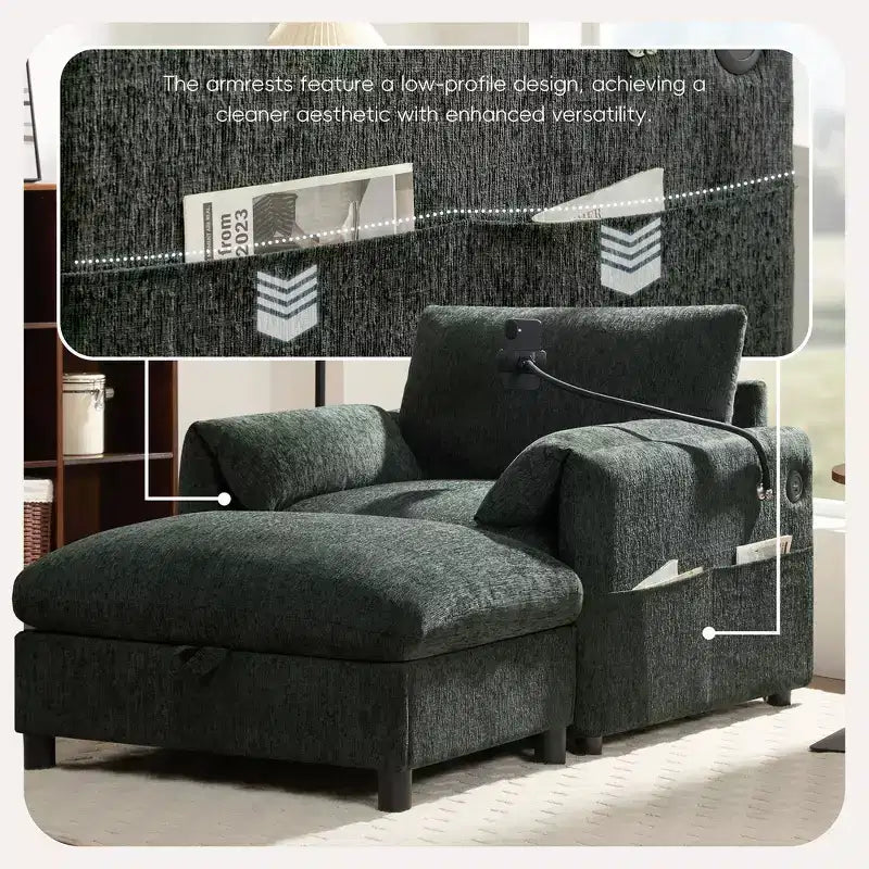 Fauteuil et chaise longue individuels en chenille surdimensionnés Whisen avec pouf de rangement, support de téléphone réglable, ports de chargement, poches latérales