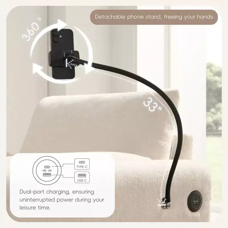 Fauteuil et chaise longue individuels en chenille surdimensionnés Whisen avec pouf de rangement, support de téléphone réglable, ports de chargement, poches latérales