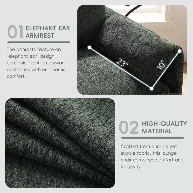 Fauteuil et chaise longue individuels en chenille surdimensionnés Whisen avec pouf de rangement, support de téléphone réglable, ports de chargement, poches latérales