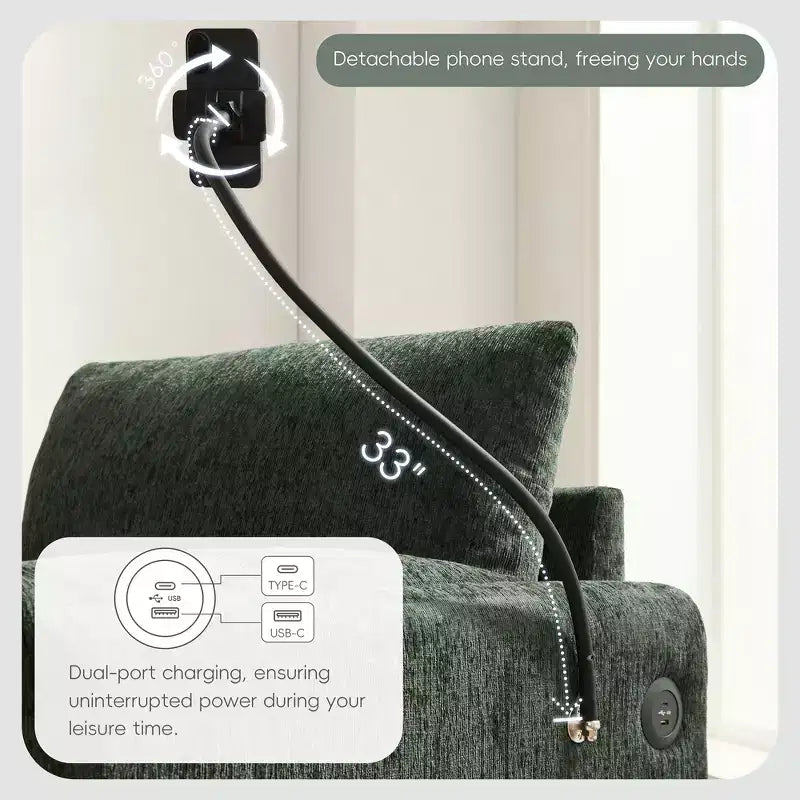 Fauteuil et chaise longue individuels en chenille surdimensionnés Whisen avec pouf de rangement, support de téléphone réglable, ports de chargement, poches latérales