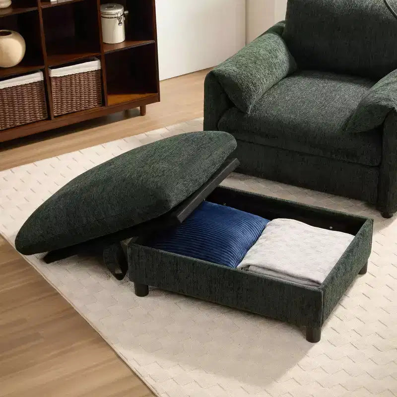Fauteuil et chaise longue individuels en chenille surdimensionnés Whisen avec pouf de rangement, support de téléphone réglable, ports de chargement, poches latérales