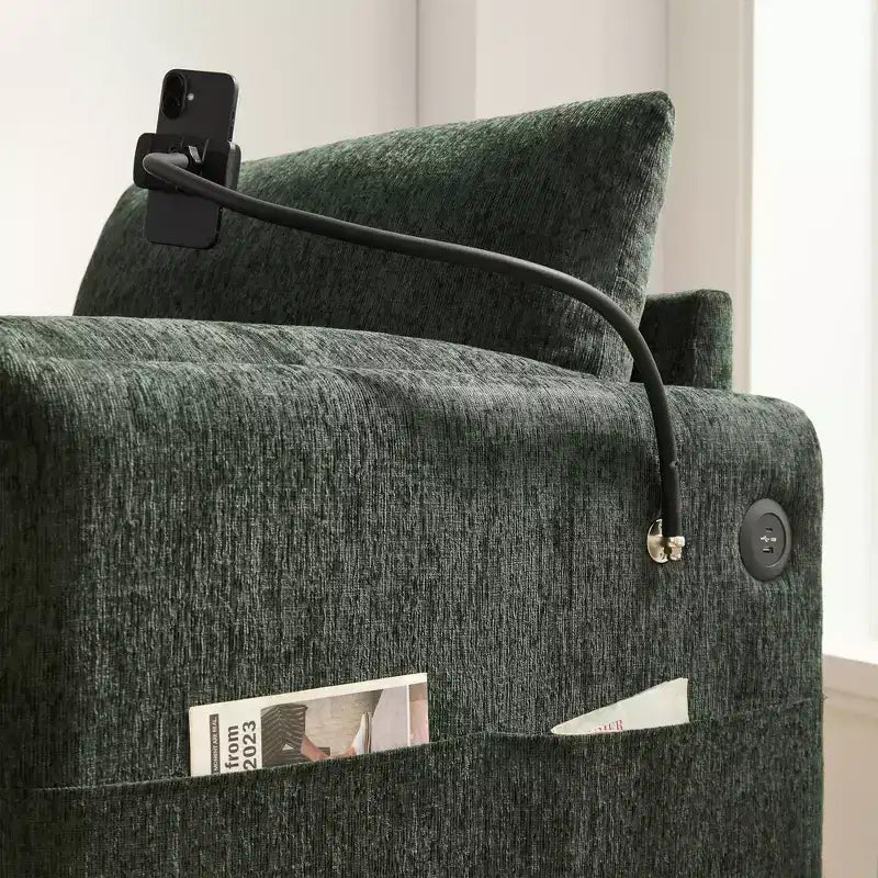 Fauteuil et chaise longue individuels en chenille surdimensionnés Whisen avec pouf de rangement, support de téléphone réglable, ports de chargement, poches latérales