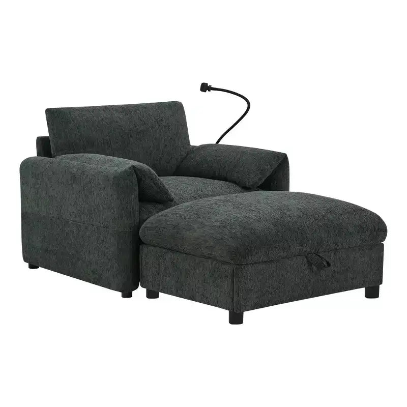 Fauteuil et chaise longue individuels en chenille surdimensionnés Whisen avec pouf de rangement, support de téléphone réglable, ports de chargement, poches latérales