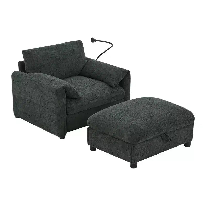 Fauteuil et chaise longue individuels en chenille surdimensionnés Whisen avec pouf de rangement, support de téléphone réglable, ports de chargement, poches latérales
