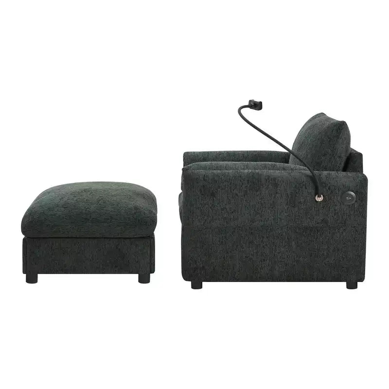 Fauteuil et chaise longue individuels en chenille surdimensionnés Whisen avec pouf de rangement, support de téléphone réglable, ports de chargement, poches latérales