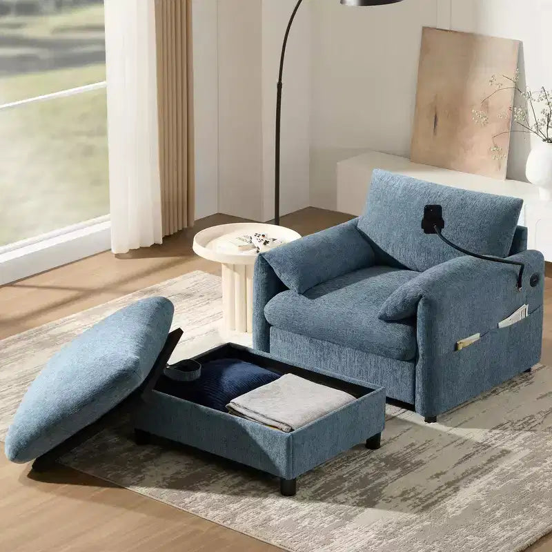 Fauteuil et chaise longue individuels en chenille surdimensionnés Whisen avec pouf de rangement, support de téléphone réglable, ports de chargement, poches latérales