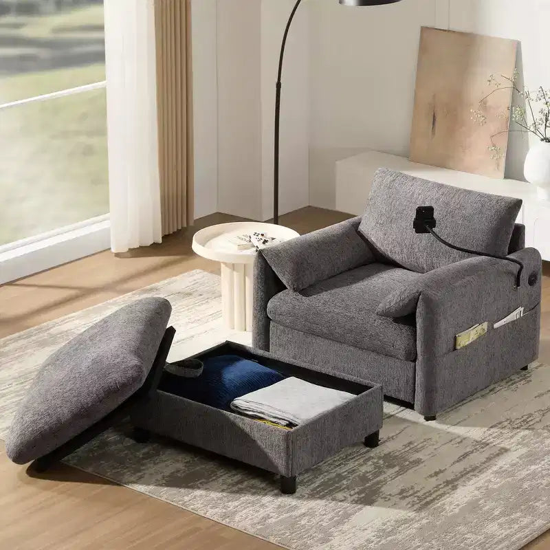Fauteuil et chaise longue individuels en chenille surdimensionnés Whisen avec pouf de rangement, support de téléphone réglable, ports de chargement, poches latérales
