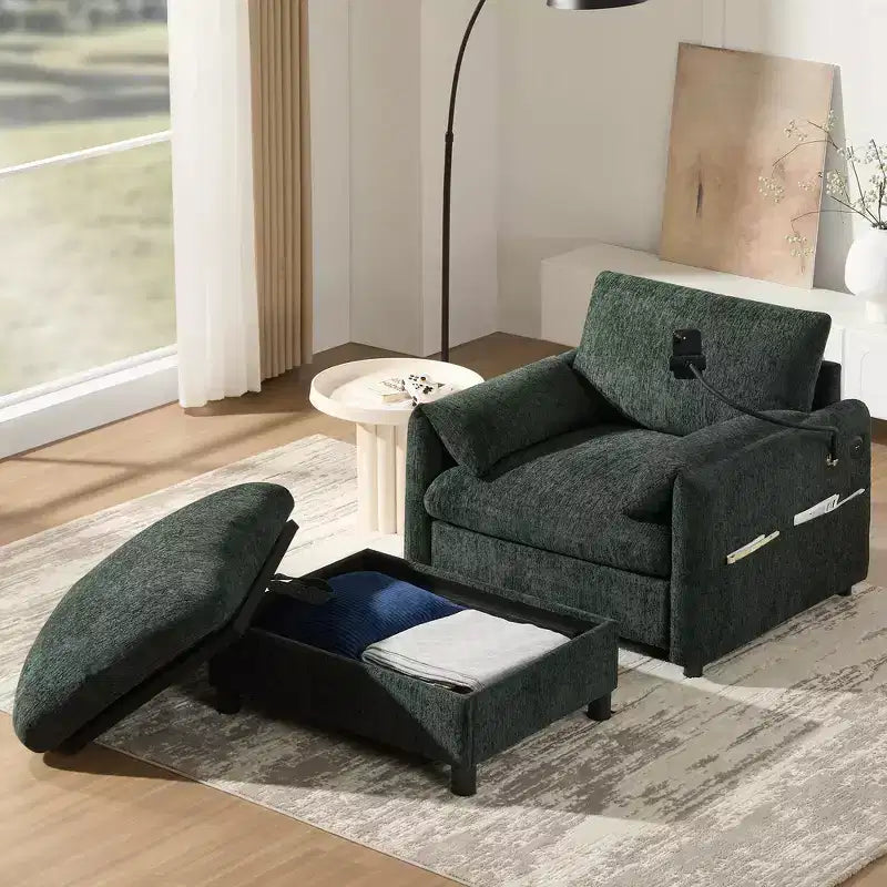 Fauteuil et chaise longue individuels en chenille surdimensionnés Whisen avec pouf de rangement, support de téléphone réglable, ports de chargement, poches latérales