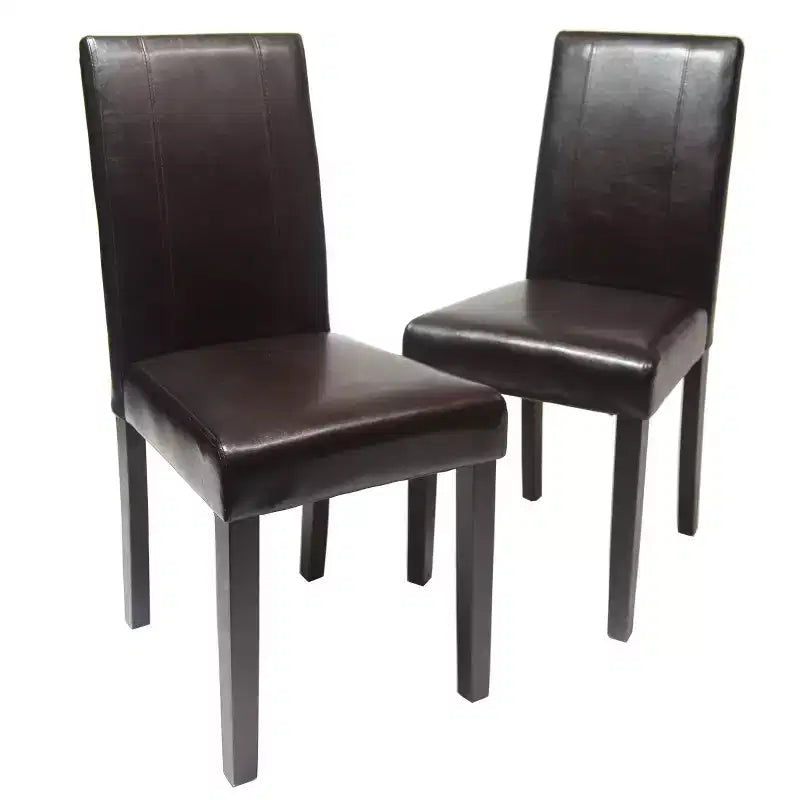 Chaises de salle à manger de style urbain Okak, chaises Parsons lot de 2, revêtement en similicuir résistant aux UV, pieds en bois massif couleur expresso et dossier fin