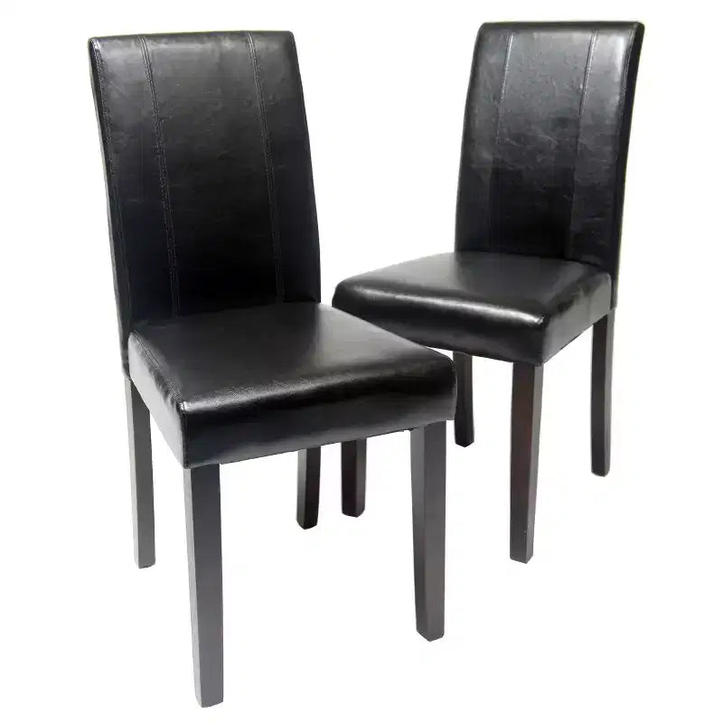 Chaises de salle à manger de style urbain Okak, chaises Parsons lot de 2, revêtement en similicuir résistant aux UV, pieds en bois massif couleur expresso et dossier fin