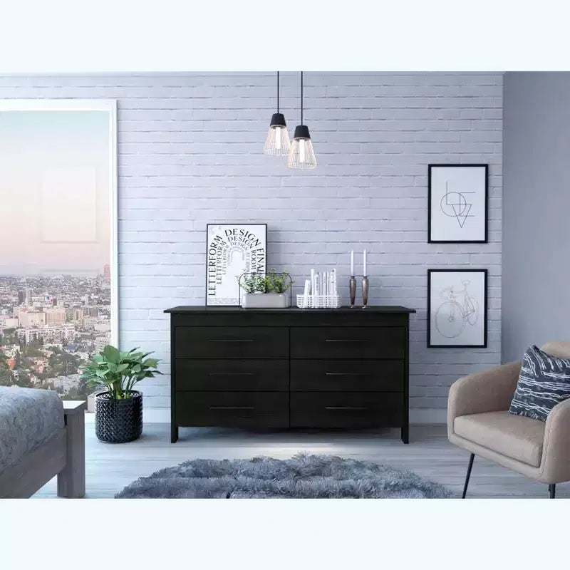 Commode moderne Okak à 6 tiroirs, rangement contemporain avec poignées en métal noir, commode rectangulaire polyvalente pour salon, tiroirs coulissants faciles.