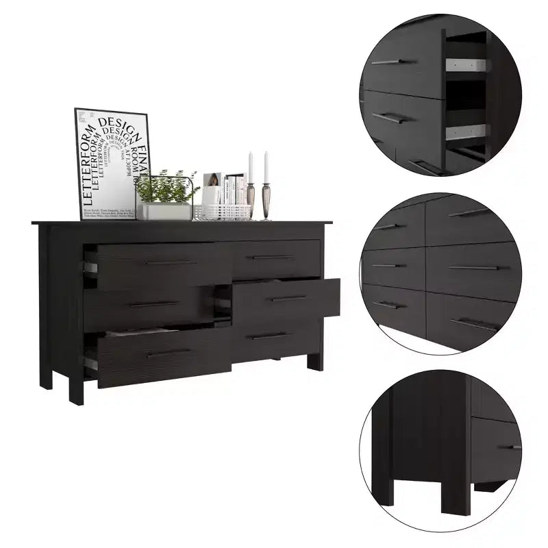 Commode moderne Okak à 6 tiroirs, rangement contemporain avec poignées en métal noir, commode rectangulaire polyvalente pour salon, tiroirs coulissants faciles.