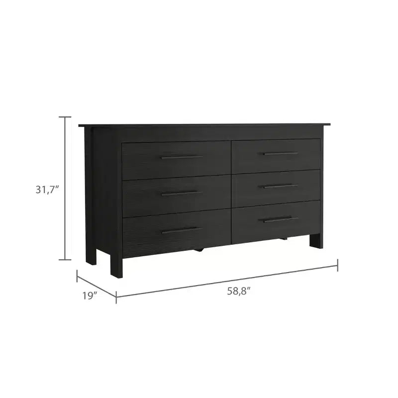 Commode moderne Okak à 6 tiroirs, rangement contemporain avec poignées en métal noir, commode rectangulaire polyvalente pour salon, tiroirs coulissants faciles.