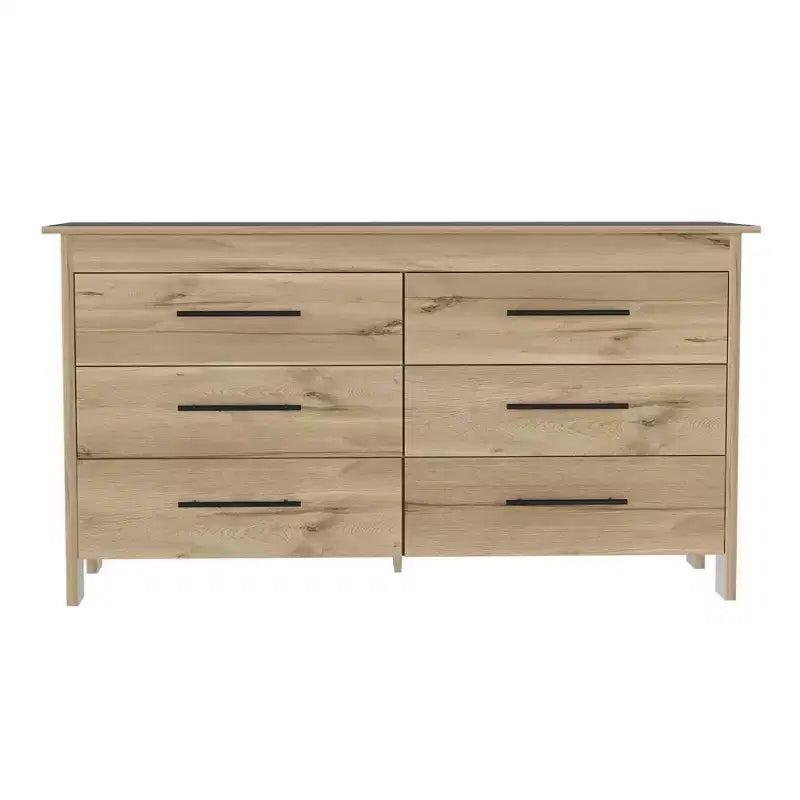 Commode moderne Okak à 6 tiroirs, rangement contemporain avec poignées en métal noir, commode rectangulaire polyvalente pour salon, tiroirs coulissants faciles.