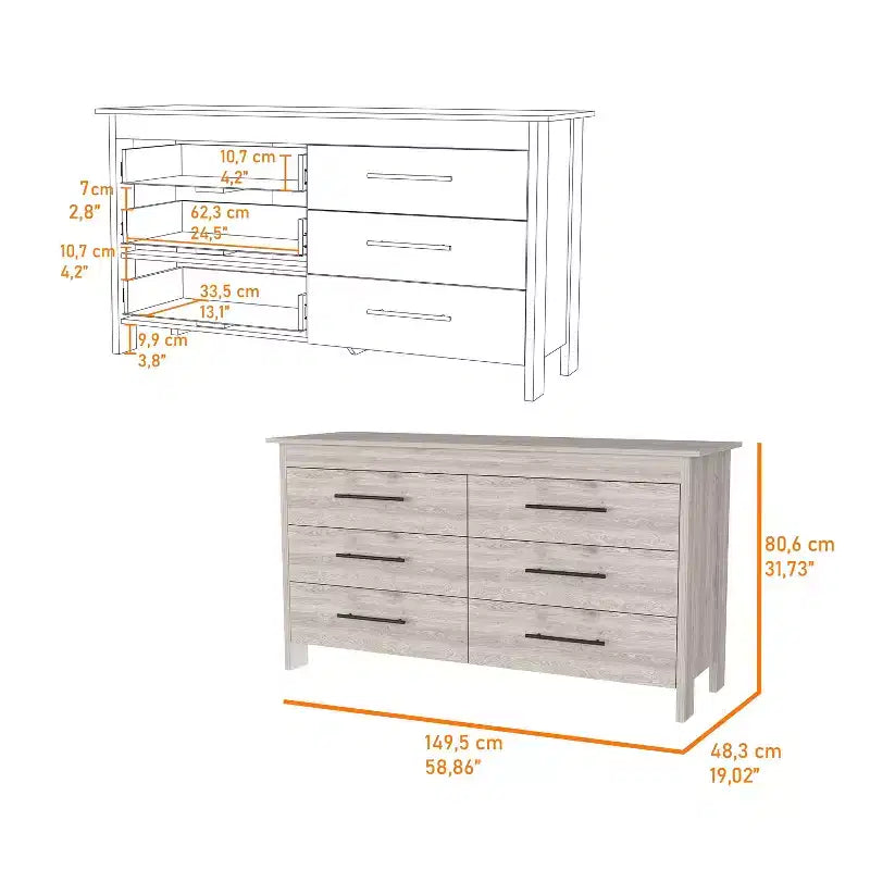 Commode moderne Okak à 6 tiroirs, rangement contemporain avec poignées en métal noir, commode rectangulaire polyvalente pour salon, tiroirs coulissants faciles.