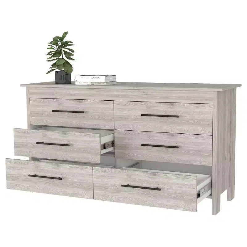 Commode moderne Okak à 6 tiroirs, rangement contemporain avec poignées en métal noir, commode rectangulaire polyvalente pour salon, tiroirs coulissants faciles.