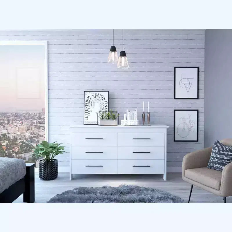 Commode moderne Okak à 6 tiroirs, rangement contemporain avec poignées en métal noir, commode rectangulaire polyvalente pour salon, tiroirs coulissants faciles.