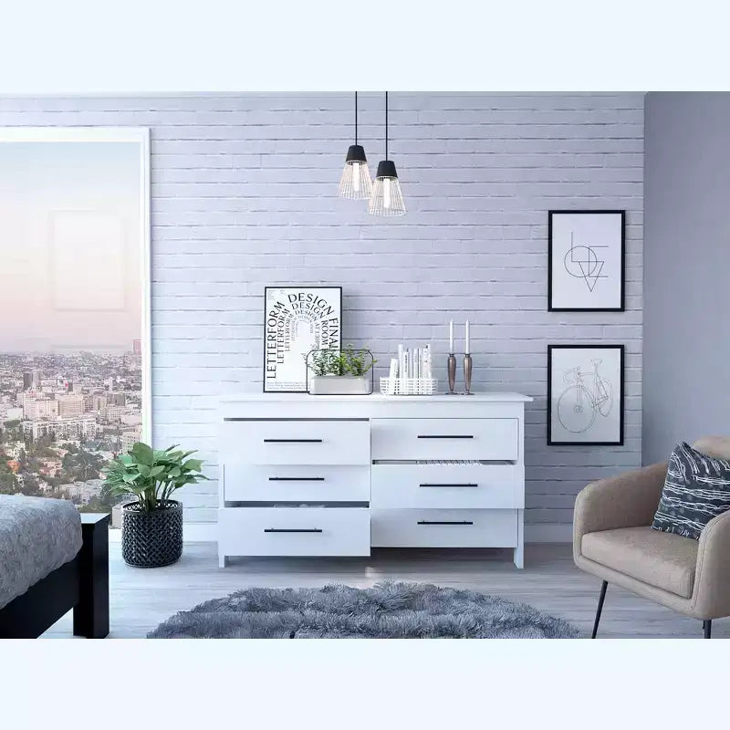 Commode moderne Okak à 6 tiroirs, rangement contemporain avec poignées en métal noir, commode rectangulaire polyvalente pour salon, tiroirs coulissants faciles.