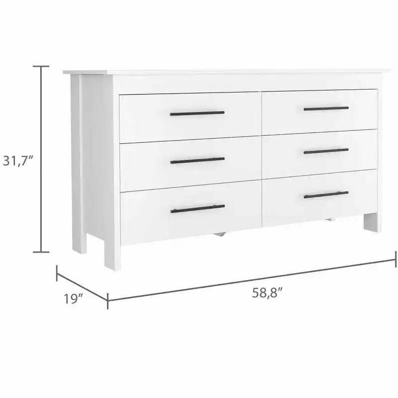 Commode moderne Okak à 6 tiroirs, rangement contemporain avec poignées en métal noir, commode rectangulaire polyvalente pour salon, tiroirs coulissants faciles.