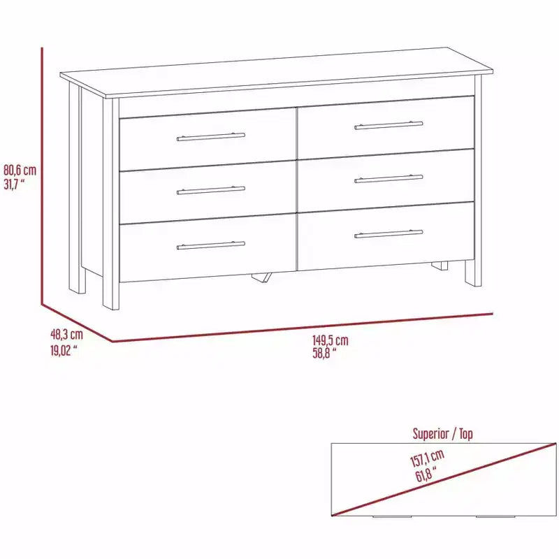 Commode moderne Okak à 6 tiroirs, rangement contemporain avec poignées en métal noir, commode rectangulaire polyvalente pour salon, tiroirs coulissants faciles.