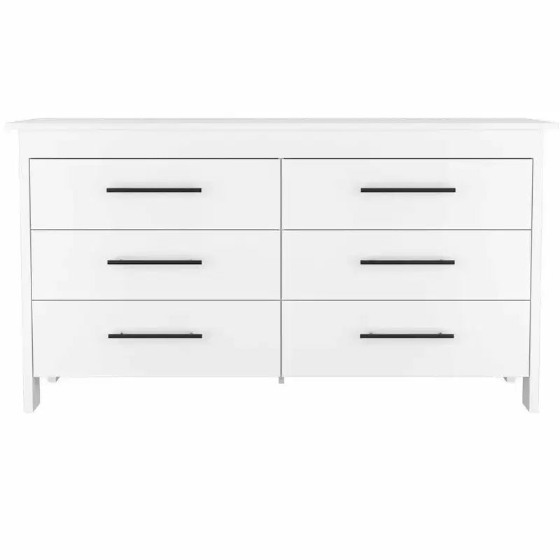 Commode moderne Okak à 6 tiroirs, rangement contemporain avec poignées en métal noir, commode rectangulaire polyvalente pour salon, tiroirs coulissants faciles.