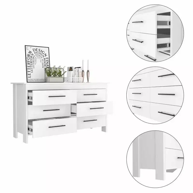 Commode moderne Okak à 6 tiroirs, rangement contemporain avec poignées en métal noir, commode rectangulaire polyvalente pour salon, tiroirs coulissants faciles.