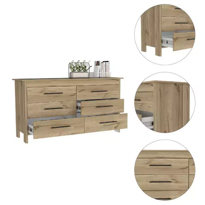 Commode moderne Okak à 6 tiroirs, rangement contemporain avec poignées en métal noir, commode rectangulaire polyvalente pour salon, tiroirs coulissants faciles.