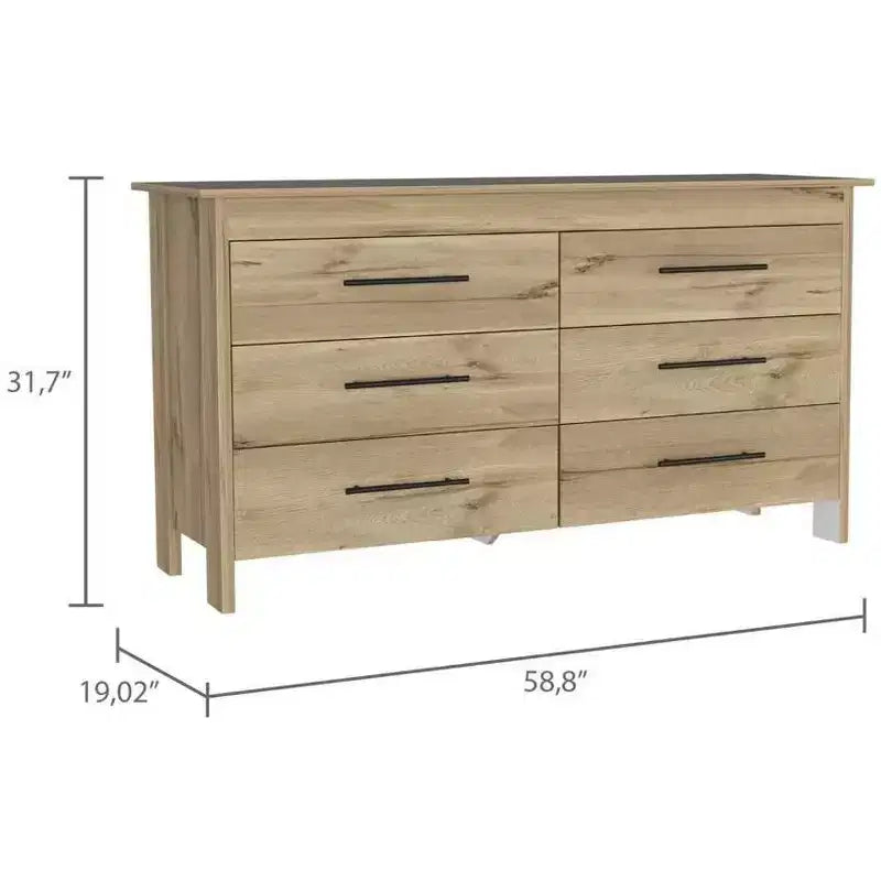Commode moderne Okak à 6 tiroirs, rangement contemporain avec poignées en métal noir, commode rectangulaire polyvalente pour salon, tiroirs coulissants faciles.