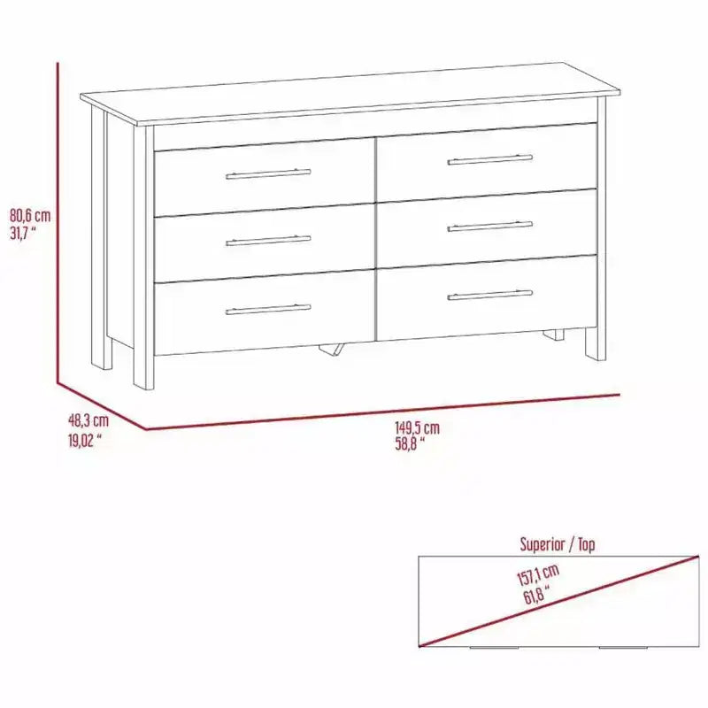 Commode moderne Okak à 6 tiroirs, rangement contemporain avec poignées en métal noir, commode rectangulaire polyvalente pour salon, tiroirs coulissants faciles.