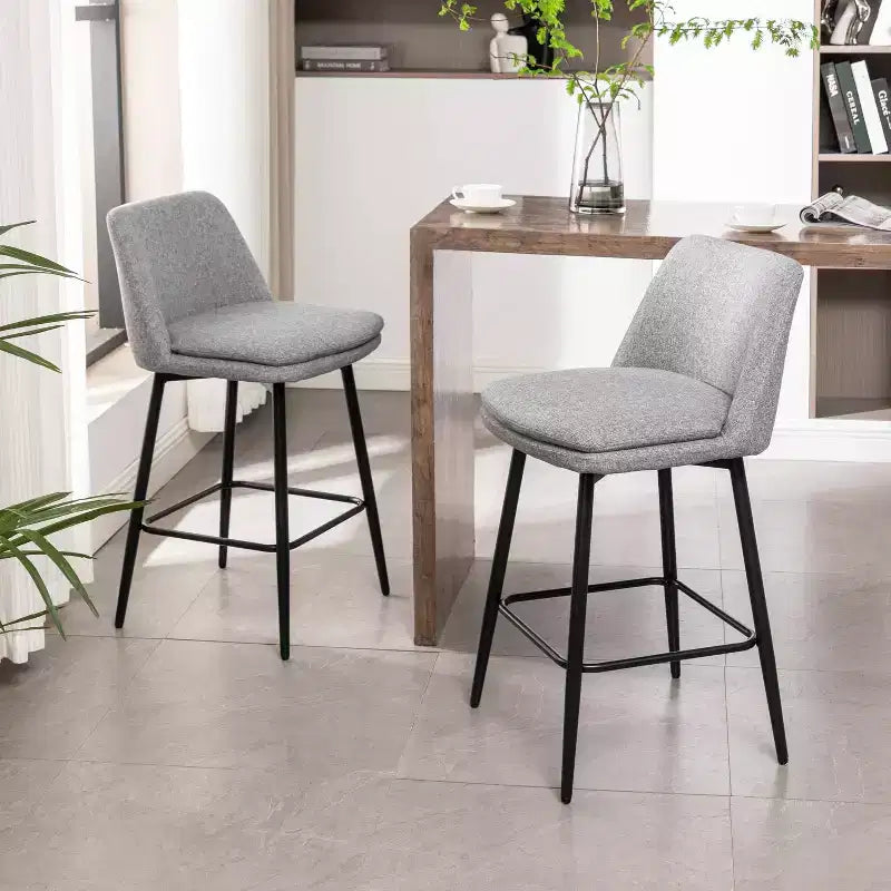 MAYEERTY Set of 2 Counter Height Swivel Bar Stools 360 Swivel Upholstered 25.6in Seat Height Linen Cloth Gray for Kitchen Island Pub