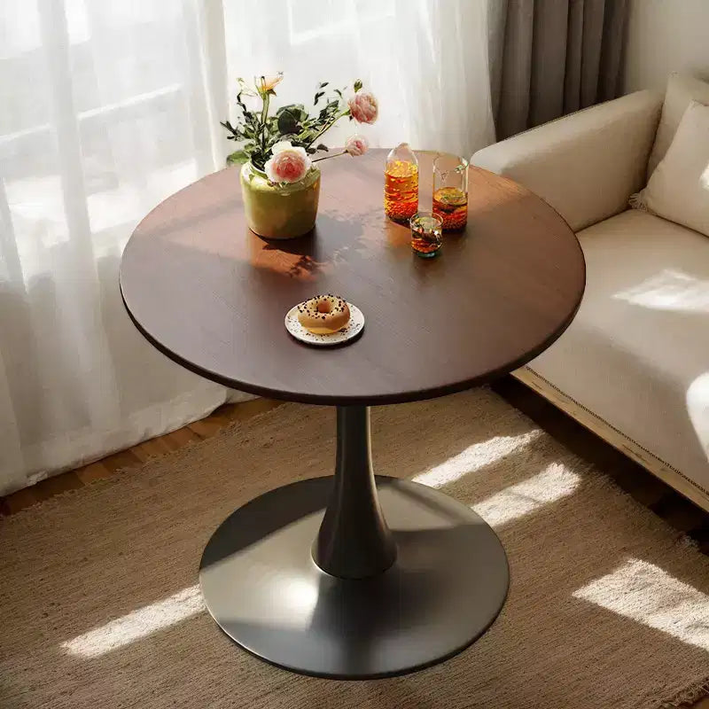 MAYEERTY Table Basse Ronde Moderne en Noyer, Dessus en MDF et Piètement en Acier, Table de Cuisine Ronde Tulipe
