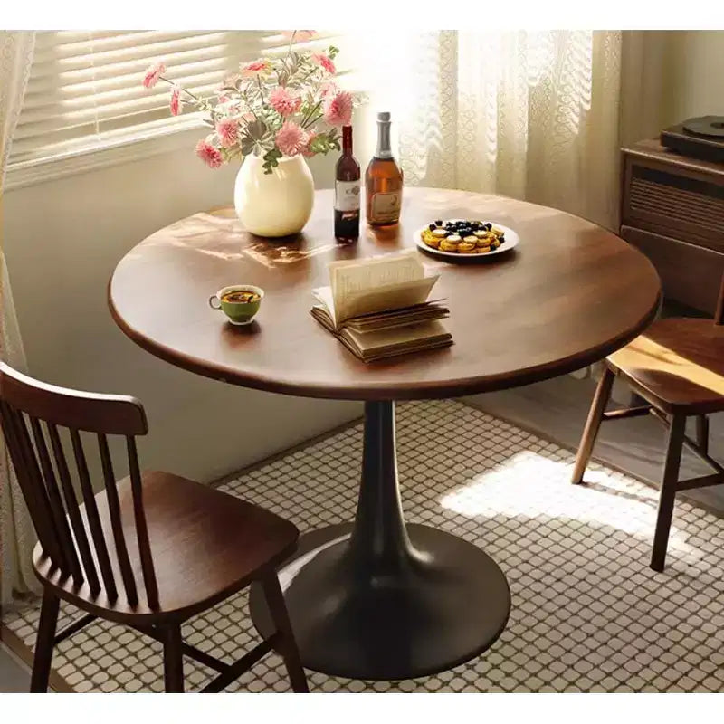 MAYEERTY Table Basse Ronde Moderne en Noyer, Dessus en MDF et Piètement en Acier, Table de Cuisine Ronde Tulipe