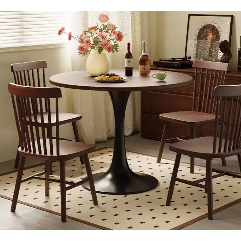 MAYEERTY Table Basse Ronde Moderne en Noyer, Dessus en MDF et Piètement en Acier, Table de Cuisine Ronde Tulipe