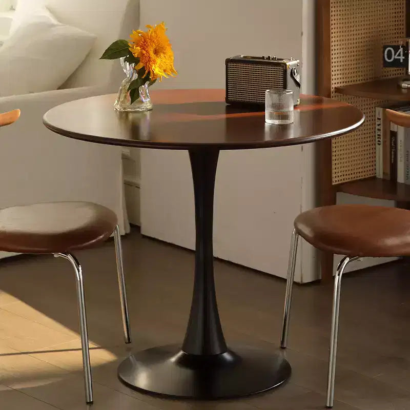 MAYEERTY Table Basse Ronde Moderne en Noyer, Dessus en MDF et Piètement en Acier, Table de Cuisine Ronde Tulipe