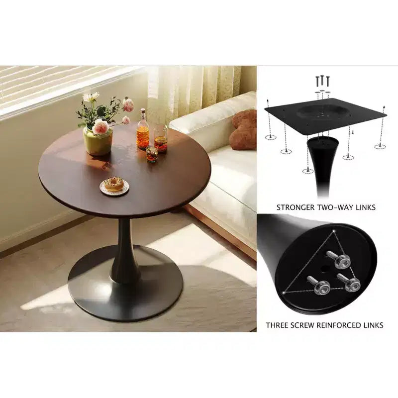 MAYEERTY Table Basse Ronde Moderne en Noyer, Dessus en MDF et Piètement en Acier, Table de Cuisine Ronde Tulipe
