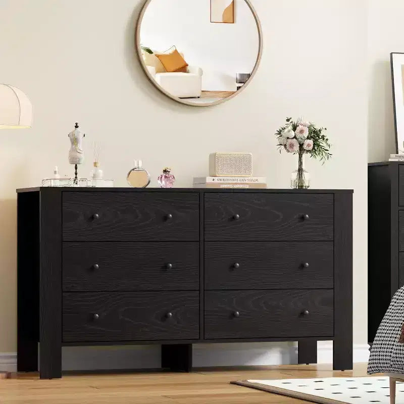 50 Black 6 Drawer Dresser with Deep Drawers & Metal Knobs, Modern Wooden Chest for Bedroom, Entryway & Hallway