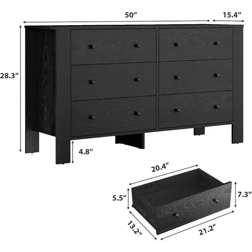 Commode noire à 6 tiroirs profonds avec poignées en métal, chiffonnier moderne en bois pour chambre, entrée et couloir