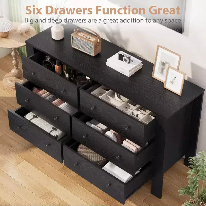 Commode noire à 6 tiroirs profonds avec poignées en métal, chiffonnier moderne en bois pour chambre, entrée et couloir